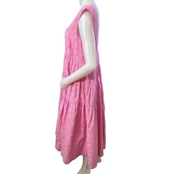 Anthropologie Square-Neck Eyelet Tiered Midi Dress Pink XLP NWT - Picture 5 of 9